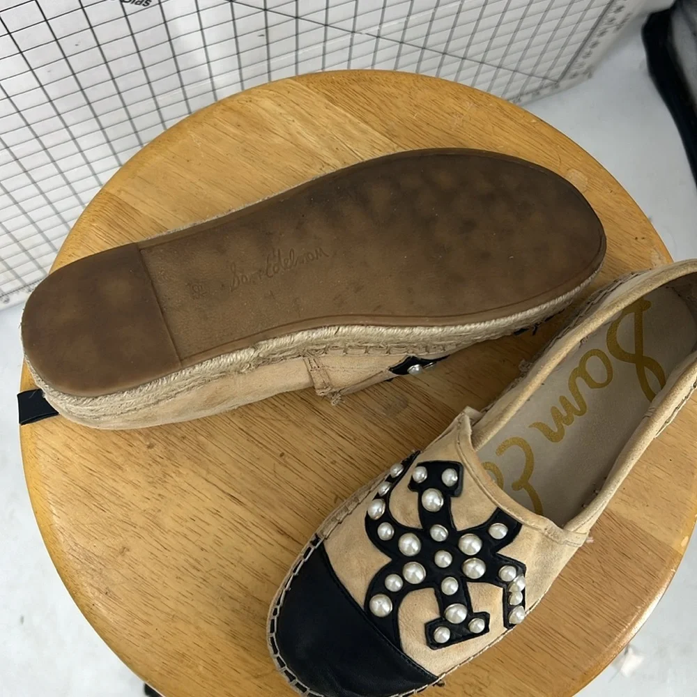 Sam Edelman Celton Leather Espadrille Pearl Beaded Logo Platform loafer shoe 8.5